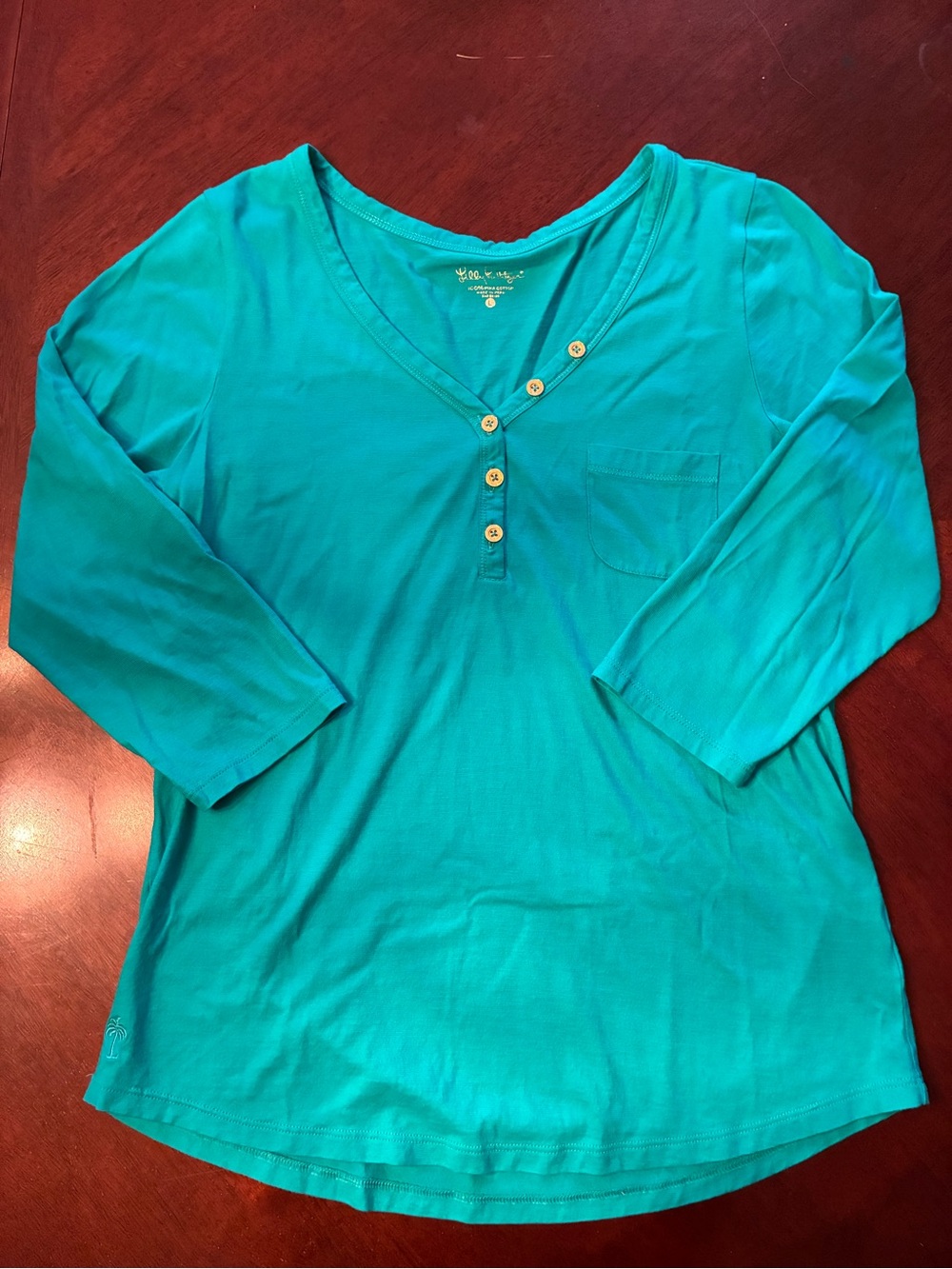 Lilly Pulitzer Turquoise V-Neck Henley Top with Chest Pocket